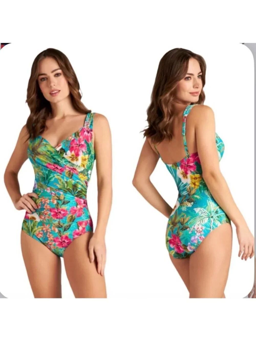 Jantzen Mio Women’s Aqua Tropical Print Twist Front Swimsuit Size 16
